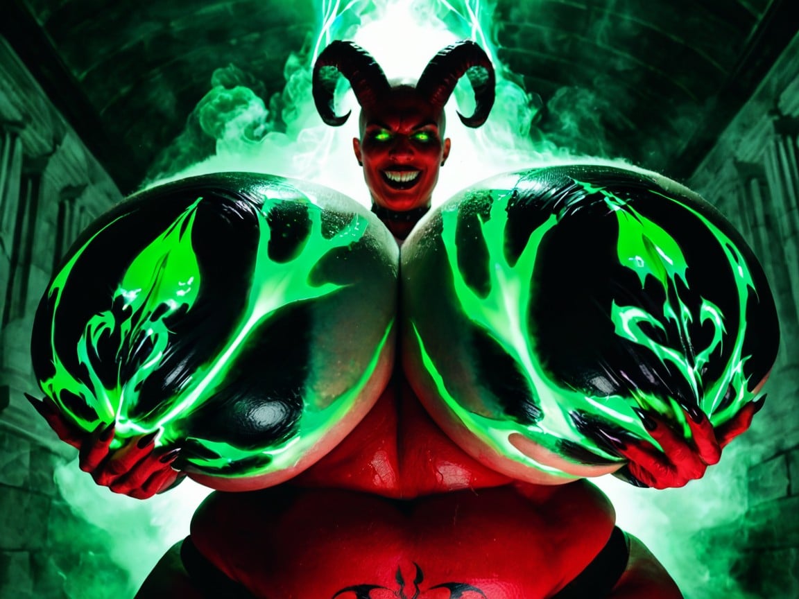 Colossal Breasts, Green Fluorescent Lighting, Many Fluorescent Green Glowing Demonic Tattoos AI Porn