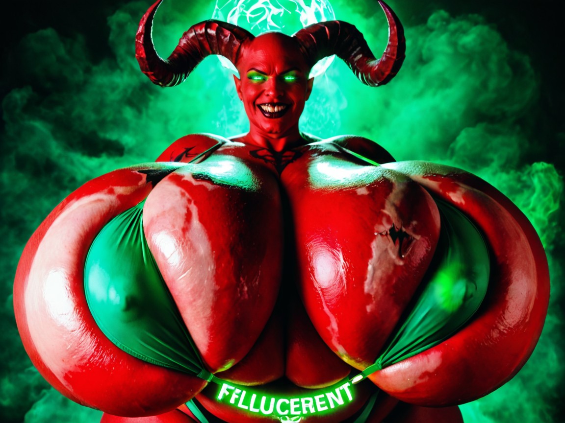 Huge Fluorescent Demonic Horns, Very Bright Fluorescent Glowing Eyes, Evil Demonic Face AI Porn