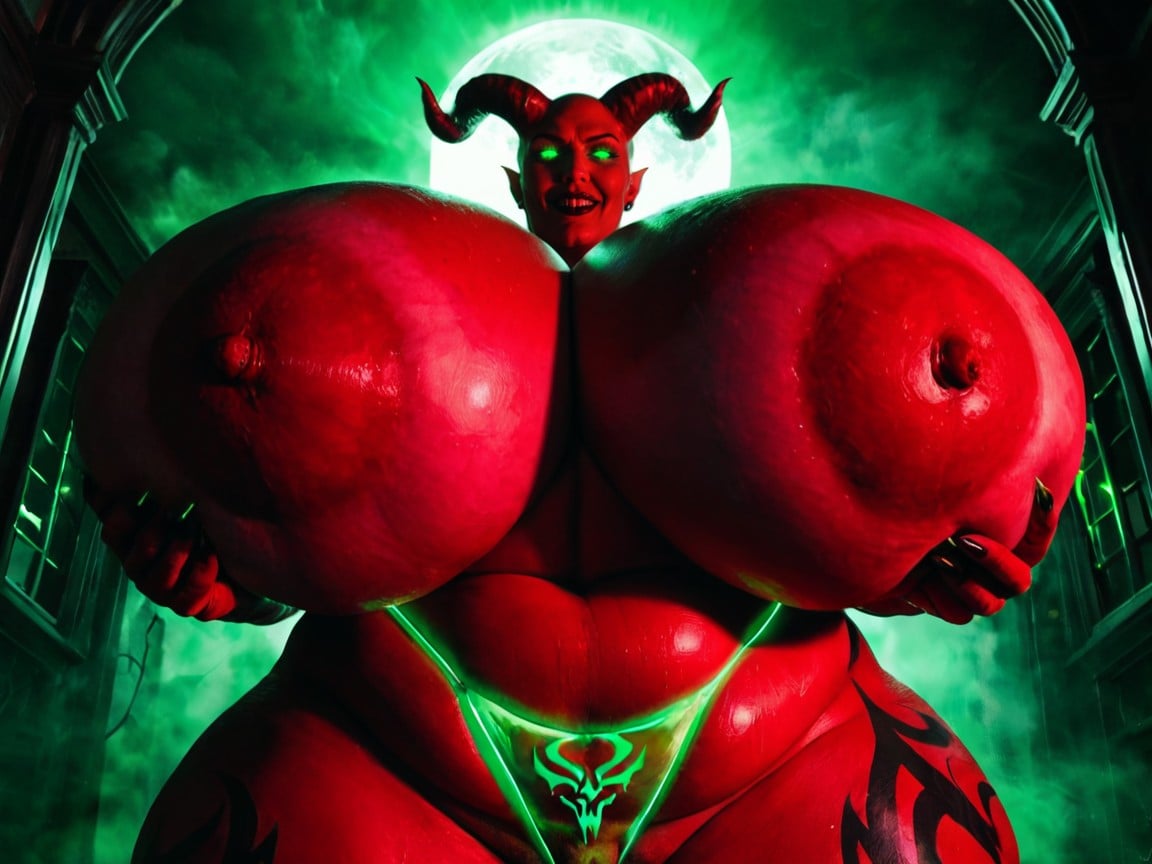 Green Fluorescent Glowing Demonic Tattoos, She Has Ugly Monster Head, Gigantic Oversized Colossal Breasts AI Porn