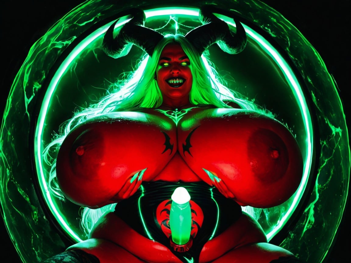 Green Fluorescent Glowing Demonic Tattoos, Huge Fluorescent Demonic Horns, Demonic Face AI Porn
