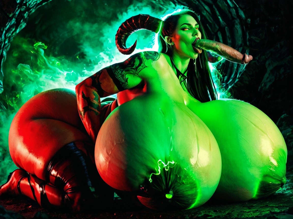 She Is A Red Devil Horned Monster, Fluorescent Green Glowing Eyes, Red Skin AI Porn