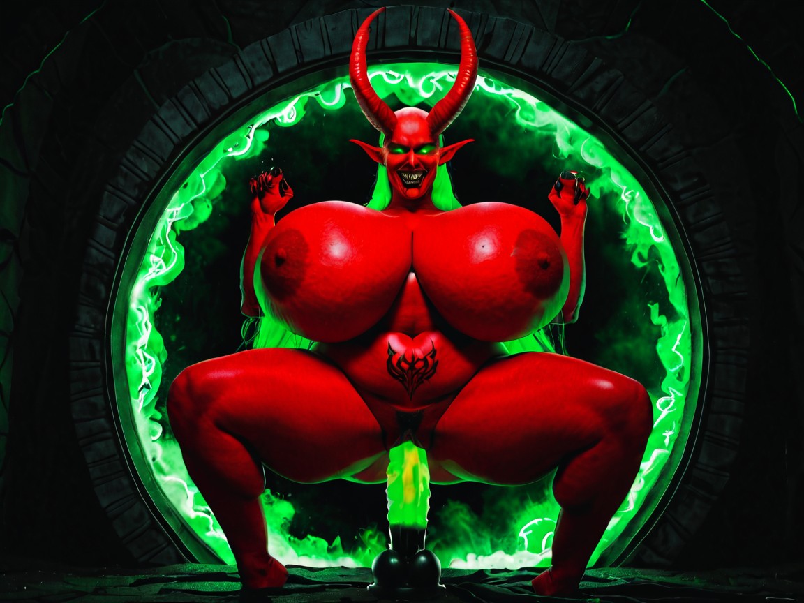 Ssbbw, Green Fluorescent Lighting, Many Fluorescent Green Glowing Demonic Tattoos AI Porn