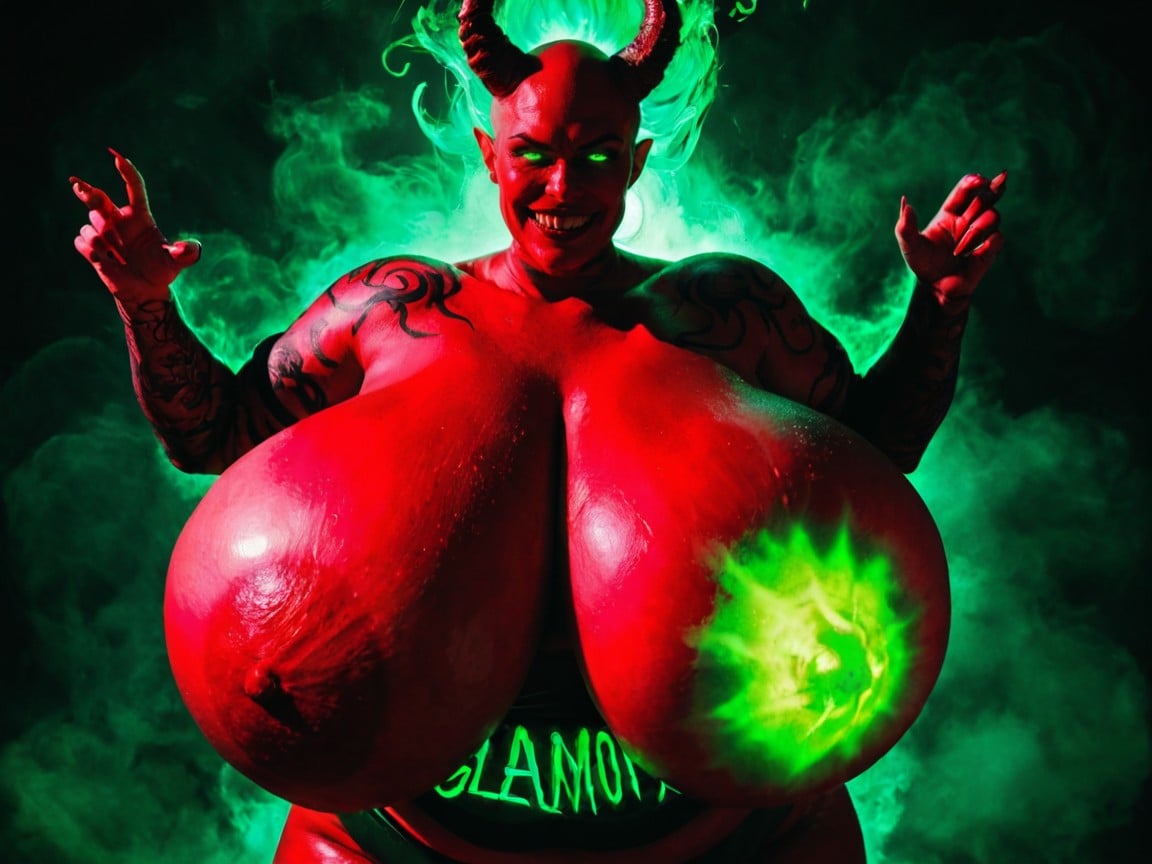 Green Fluorescent Glowing Demonic Tattoos, Red Skin, Huge Green Glowing Devil Horns AI Porn