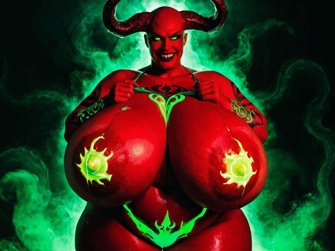 Evil Smirk, Green Fluorescent Lighting, She Has Ugly Monster Head AI Porn
