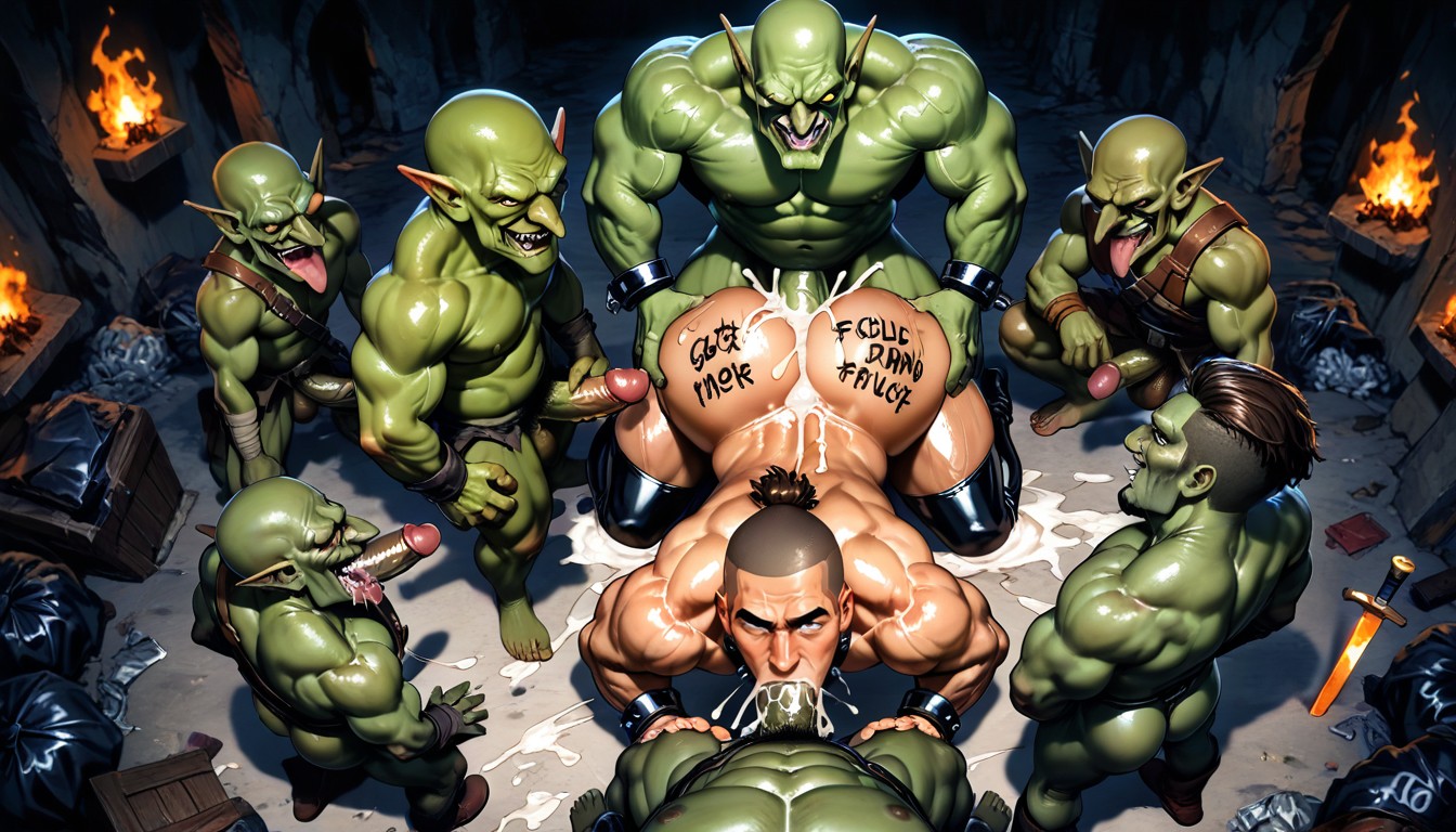 One Male Getting Fucked By Multiple Big Muscular Goblins, Chains, Músculos Sobredimensionados Porno gay IA
