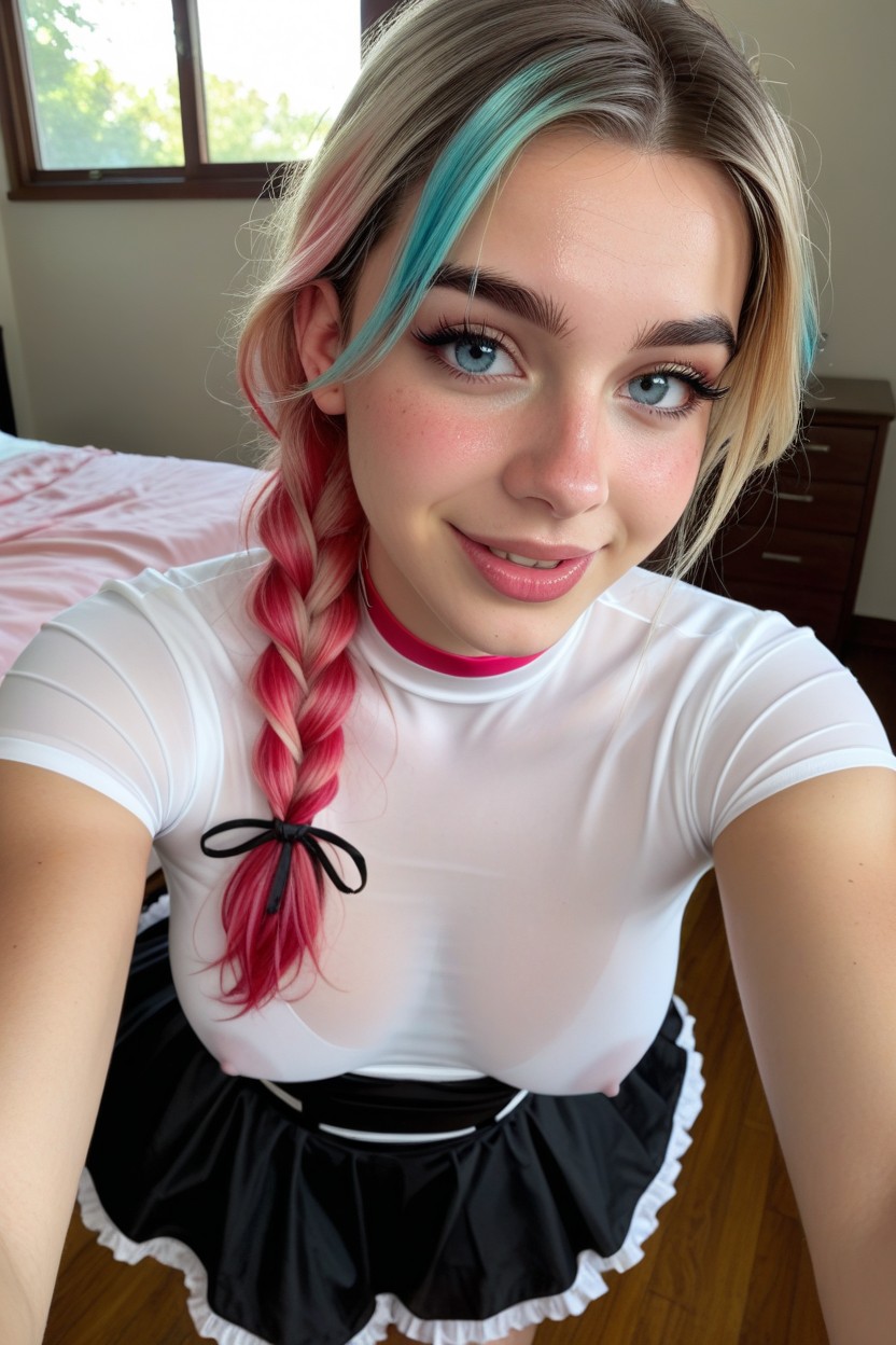 Pussy Visible Under The Uniform Translucent That Fit Tight On Her Ass, Shiny Hair, Standing AI Porn
