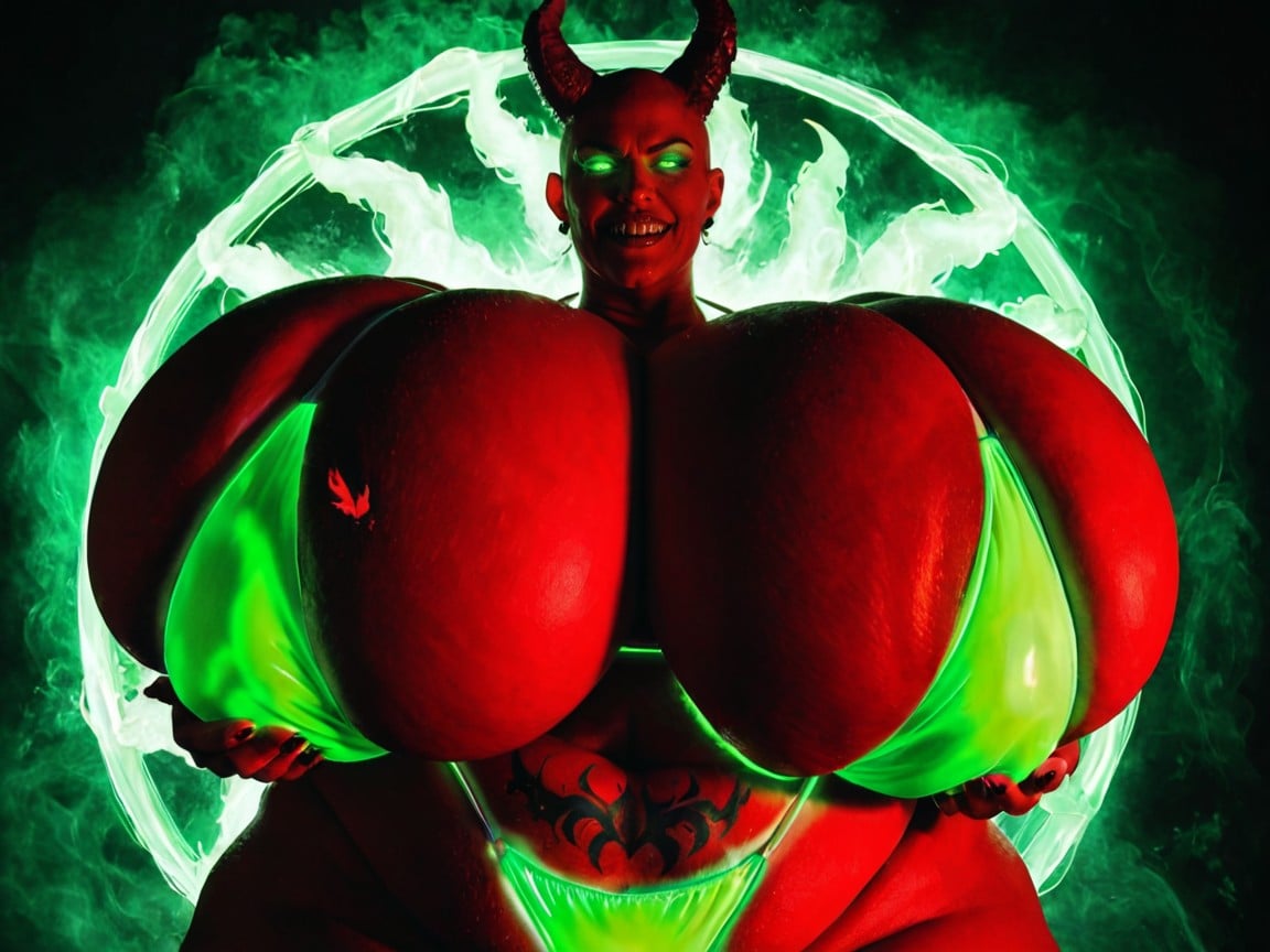 Hyper Oiled Skin, Ridiculously Huge Breasts, She Is A Giant Monster Standing Behind A Gigantic Portal AI Porn