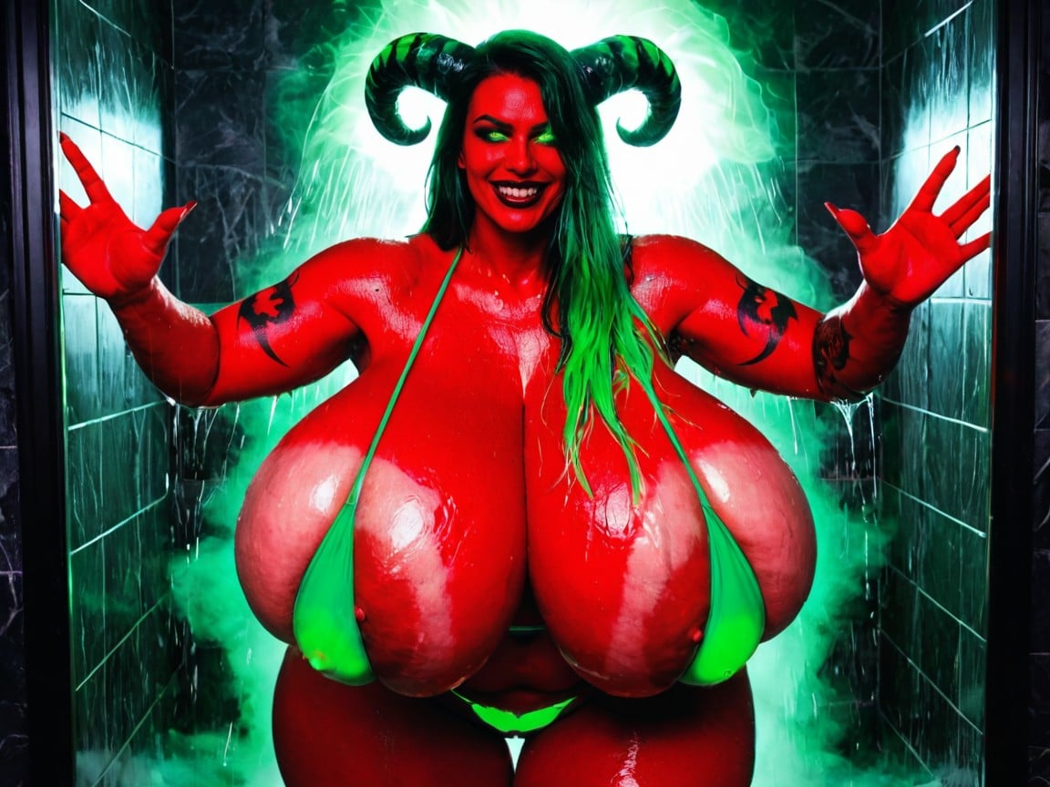 Green Fluorescent Lighting, Fluorescent N Gigantic Oversized Breasts, She Is A Red Devil Horned Monster AI Porn