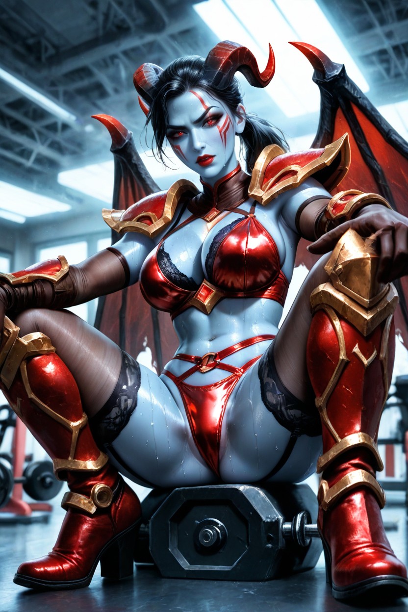 Wearing Red, Sweaty Skin, Smooth Skin Texture Hentai AI Porn