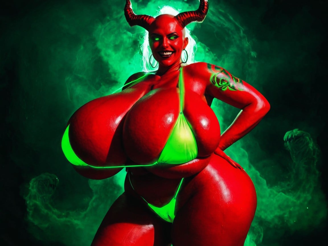 Ridiculously Huge Breasts, She Has Ugly Monster Head, Hyper Oiled Skin AI Porn