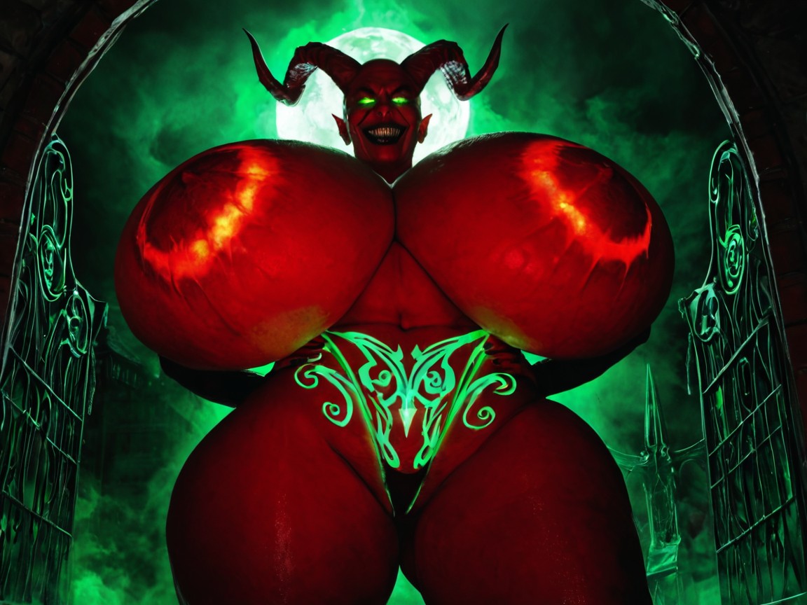 Hyper Oiled Skin, Ridiculously Huge Breasts, Many Fluorescent Green Glowing Demonic Tattoos AI Porn