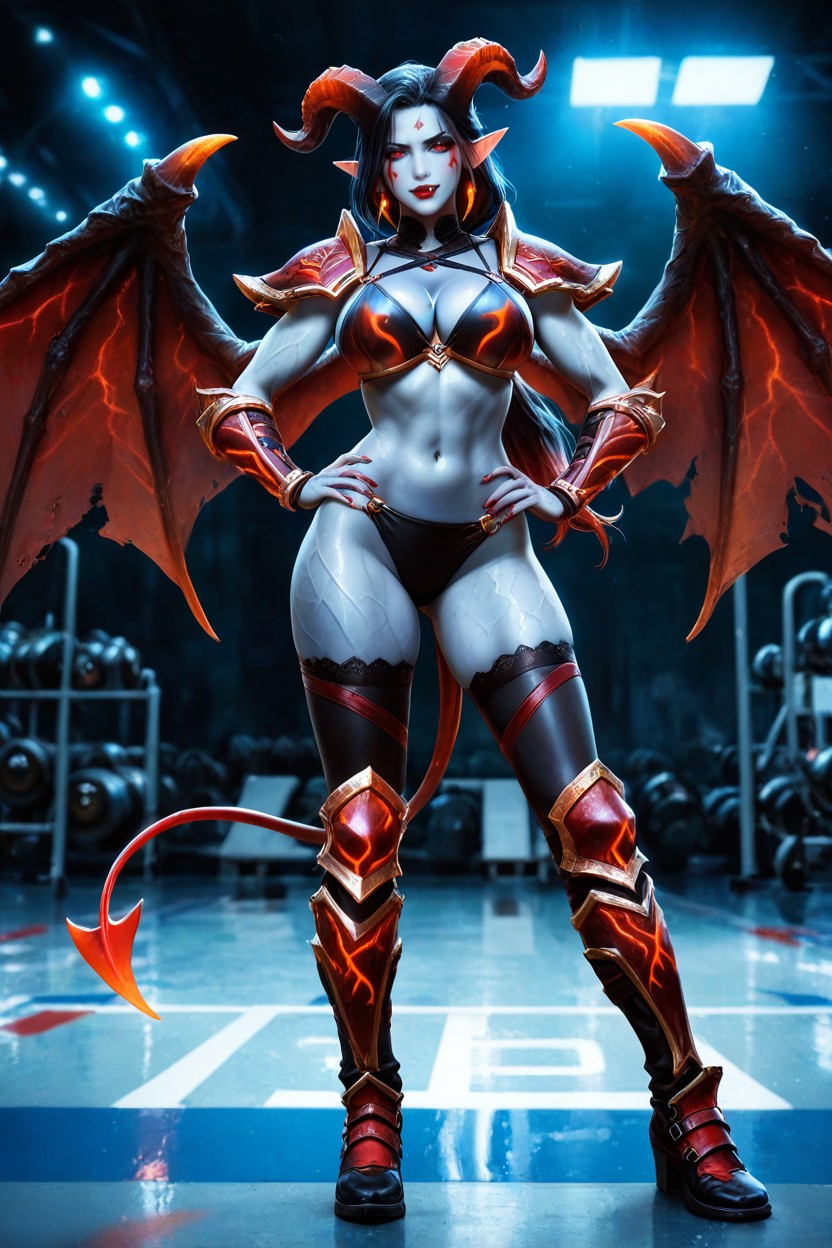 Demon Tail, Pale Blue Grey Skin, Red Lipstick Hentai AI Porn