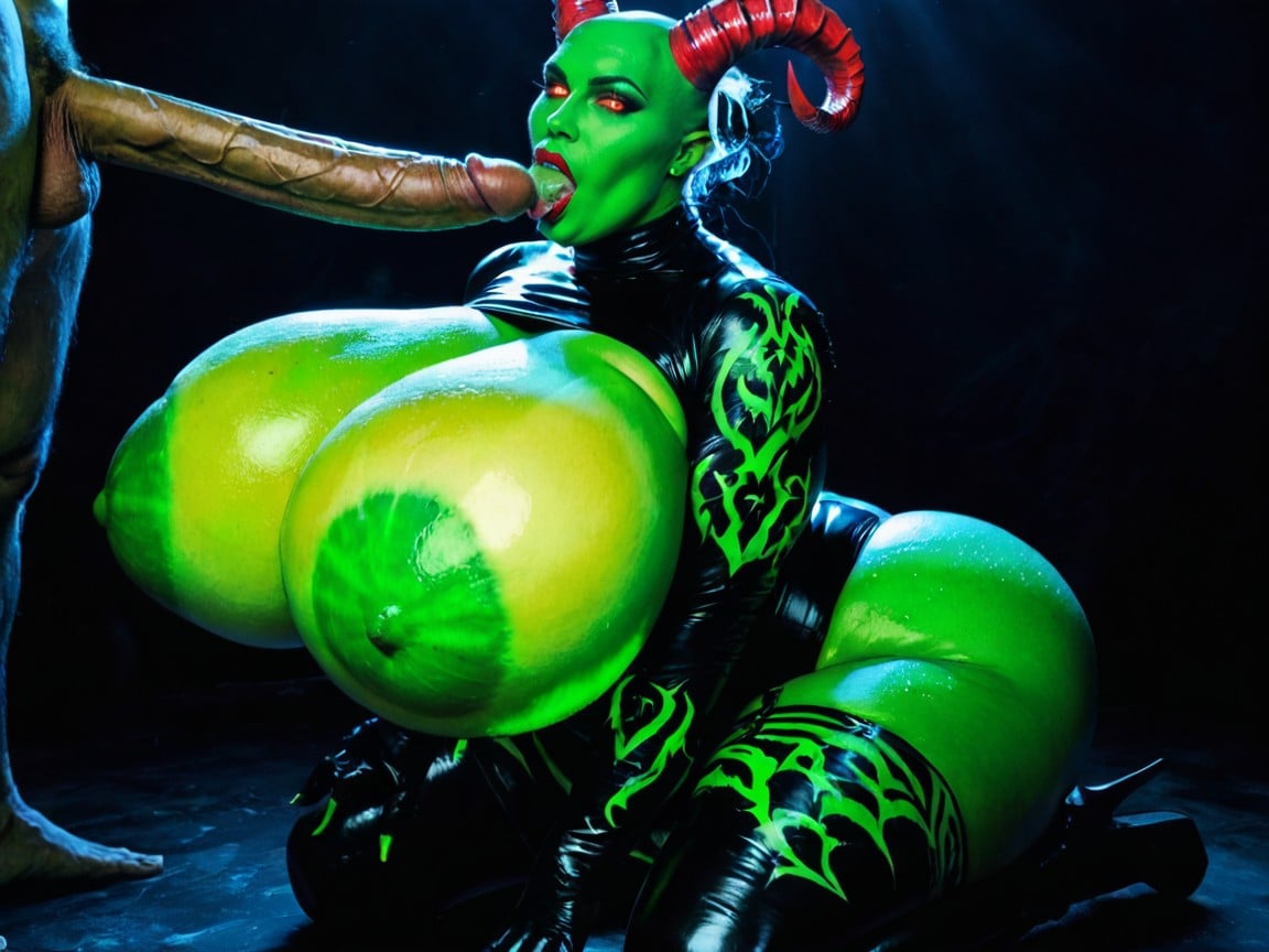 Hyper Oiled Skin, Demonic Green Aura, Waist And Hips And Thighs AI Porn