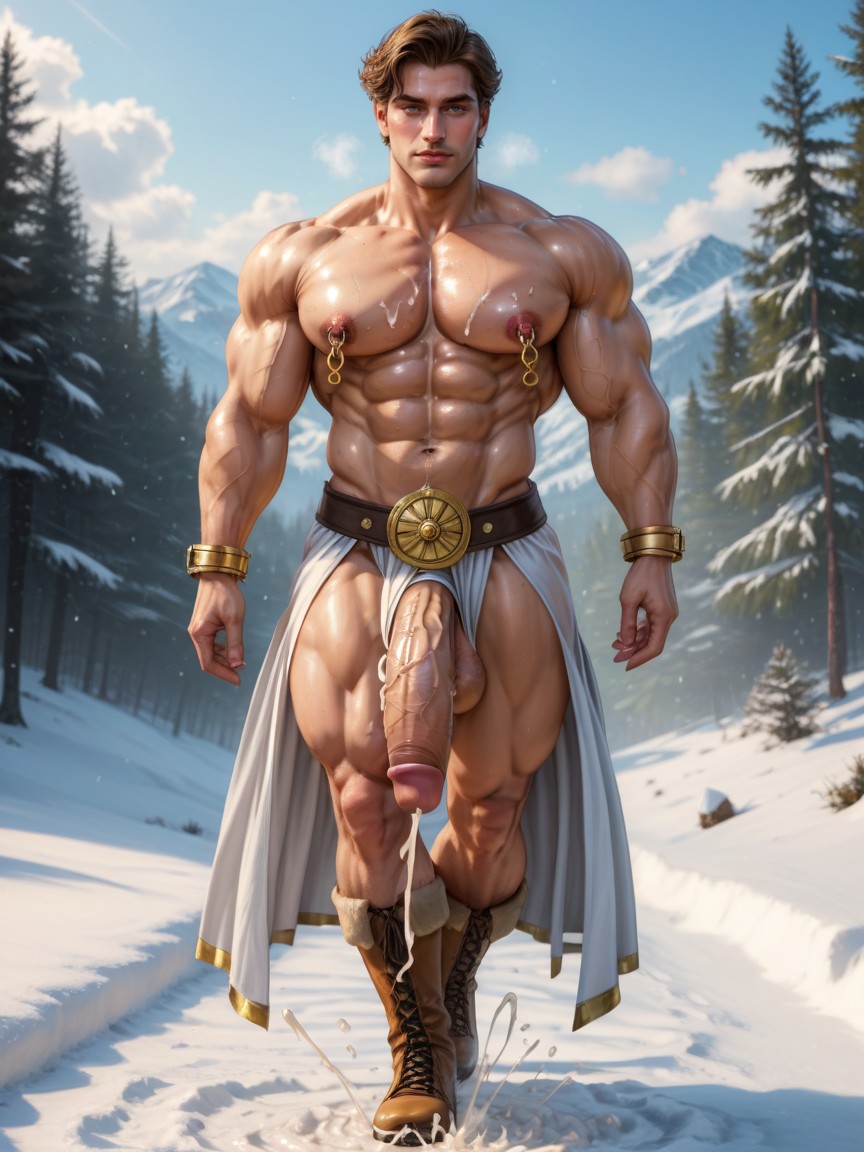 Cum On Face, Goden Ornate Nipple Clamps, Photorealistic AI Gay Porn