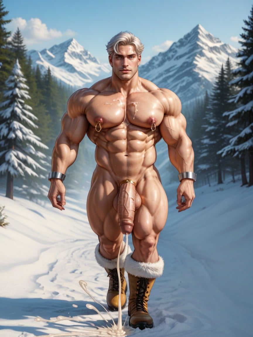 Huge Shoulders, Fur Golden Ornate Male Boots, Dense Pine Trees Forest AI Gay Porn