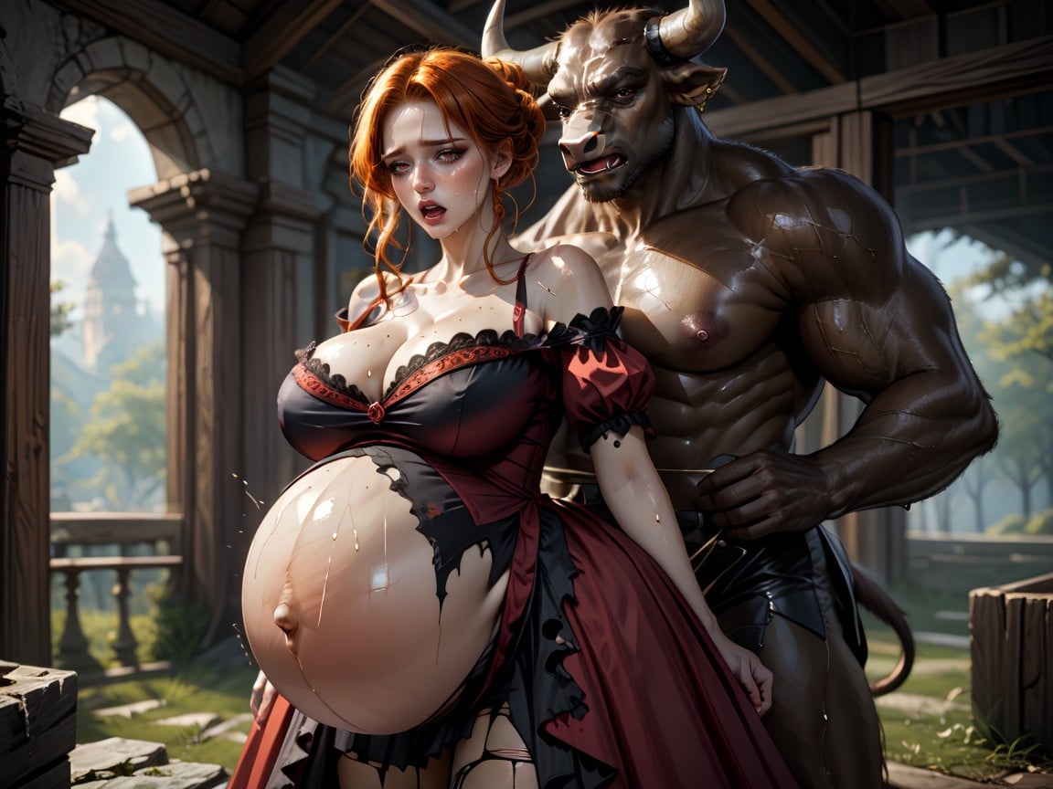 Perky Breasts, Skirt Ripped Off, Massive Minotaur Penis AI Porn