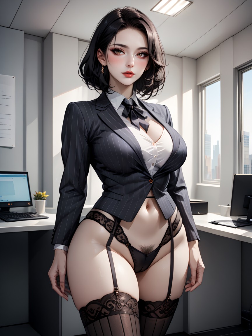 Office Background, Exaggerated Wasp Waist, Black Hair AI Porn