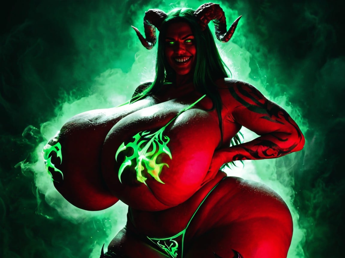 She Is A Giant Monster Standing Behind A Gigantic Portal, Green Fluorescent Glowing Demonic Tattoos, Thick Fluorescent Green Bikini AI Porn