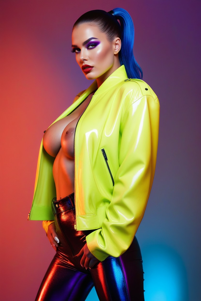 Long Twintails, Metallic Reflective Purple Lips, Open Yellow Cropped Jacket With Flowing Drapery Folds AI Porn