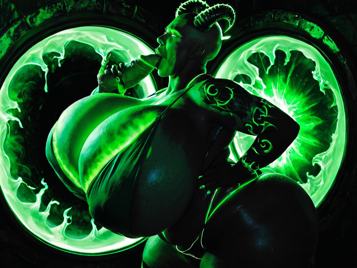 Side View, Huge Fluorescent Demonic Horns, Red Skin AI Porn