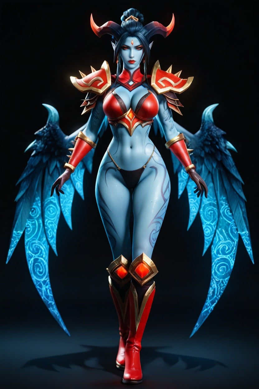 Matching Crimson Red And Gold Orange Stylized Hip Armor, Red Eyes, Spiked Metallic Bra Hentai AI Porn