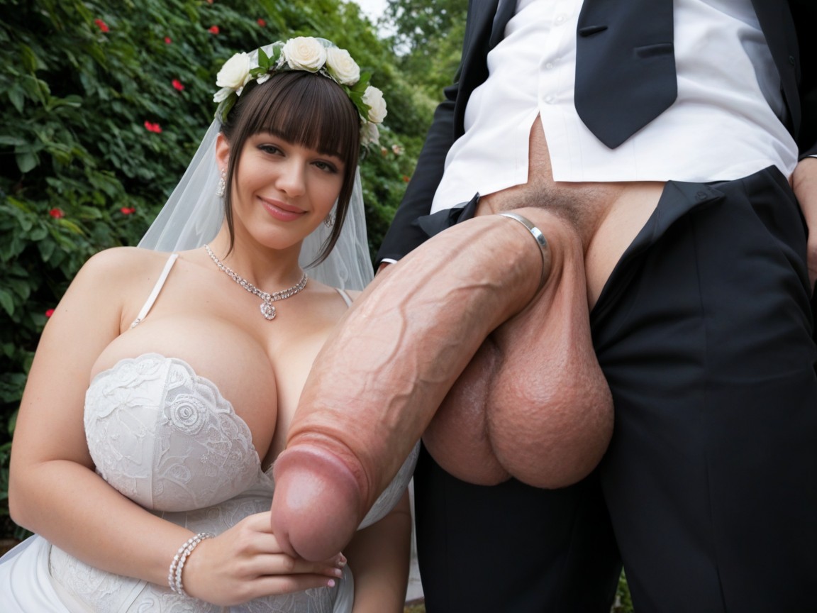 Huge Cock, Close Up White Wedding Dress, Holding Hands Under Cock AI Porn