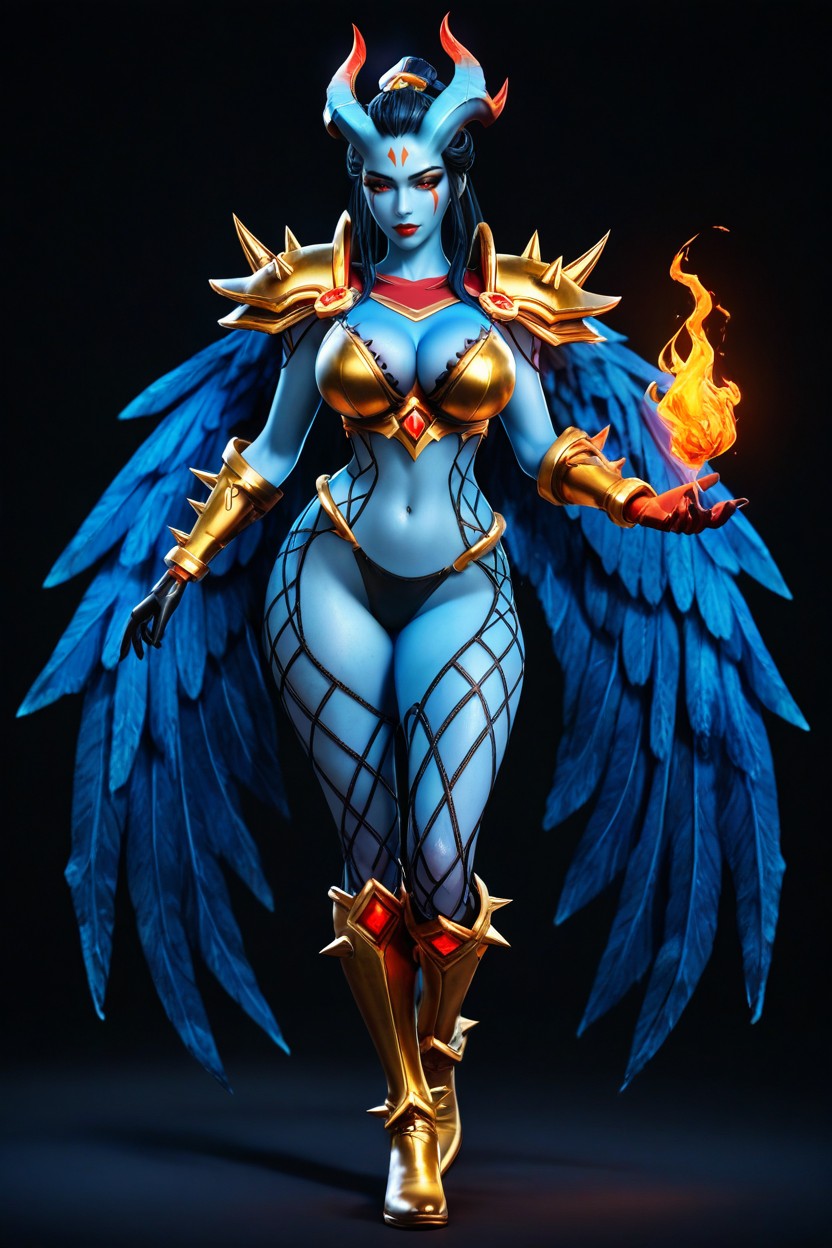 Akasha From Dota, Spiked Metallic Bra, Subtle Dark Blue Stylized Facial Markings Hentai AI Porn