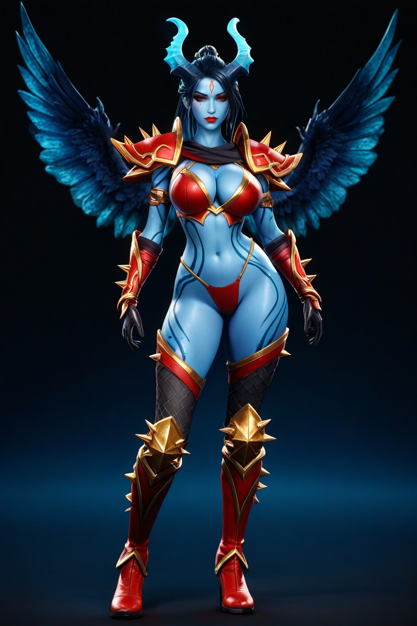 Beauty Detailed Face, Pearlescent White Curved Horns Swept Backwards, Gold Metallic Shoulder Pauldrons With Spikes Hentai AI Porn