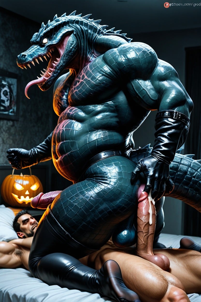 Monster Riding Monster's Penis, Naked, Muscular Curvy Body AI Gay Porn