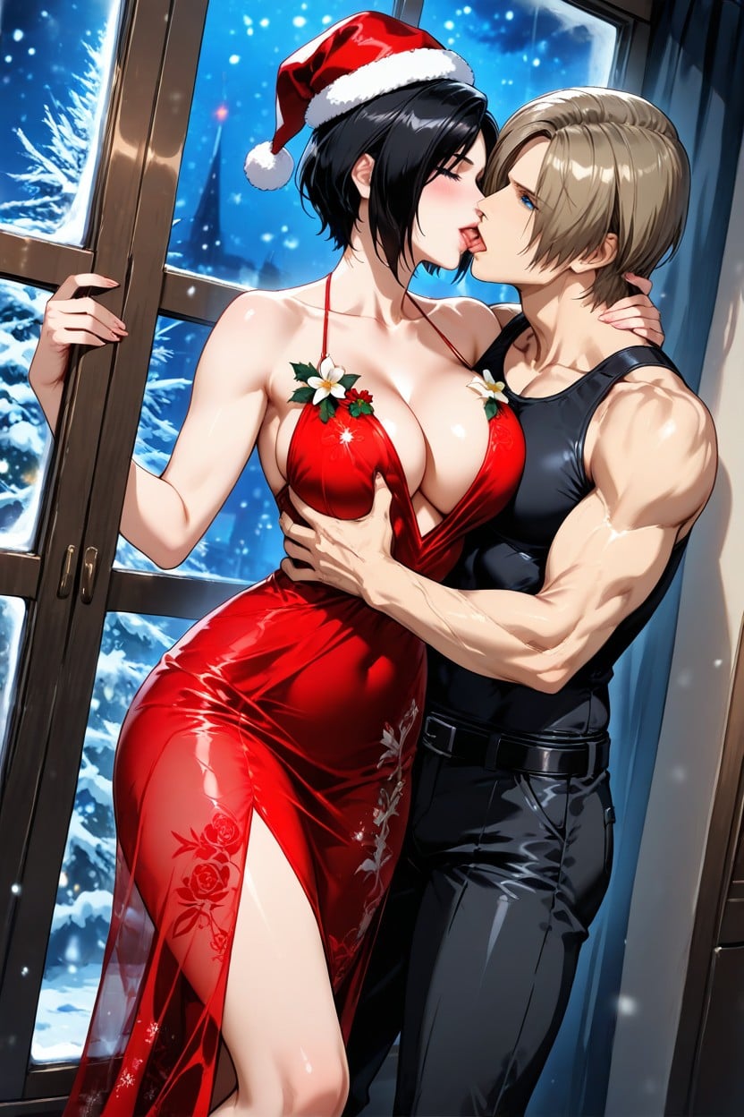 Snowing, Christmas Hat, Ample Red Translucent Silk Dress Hentai AI Porn