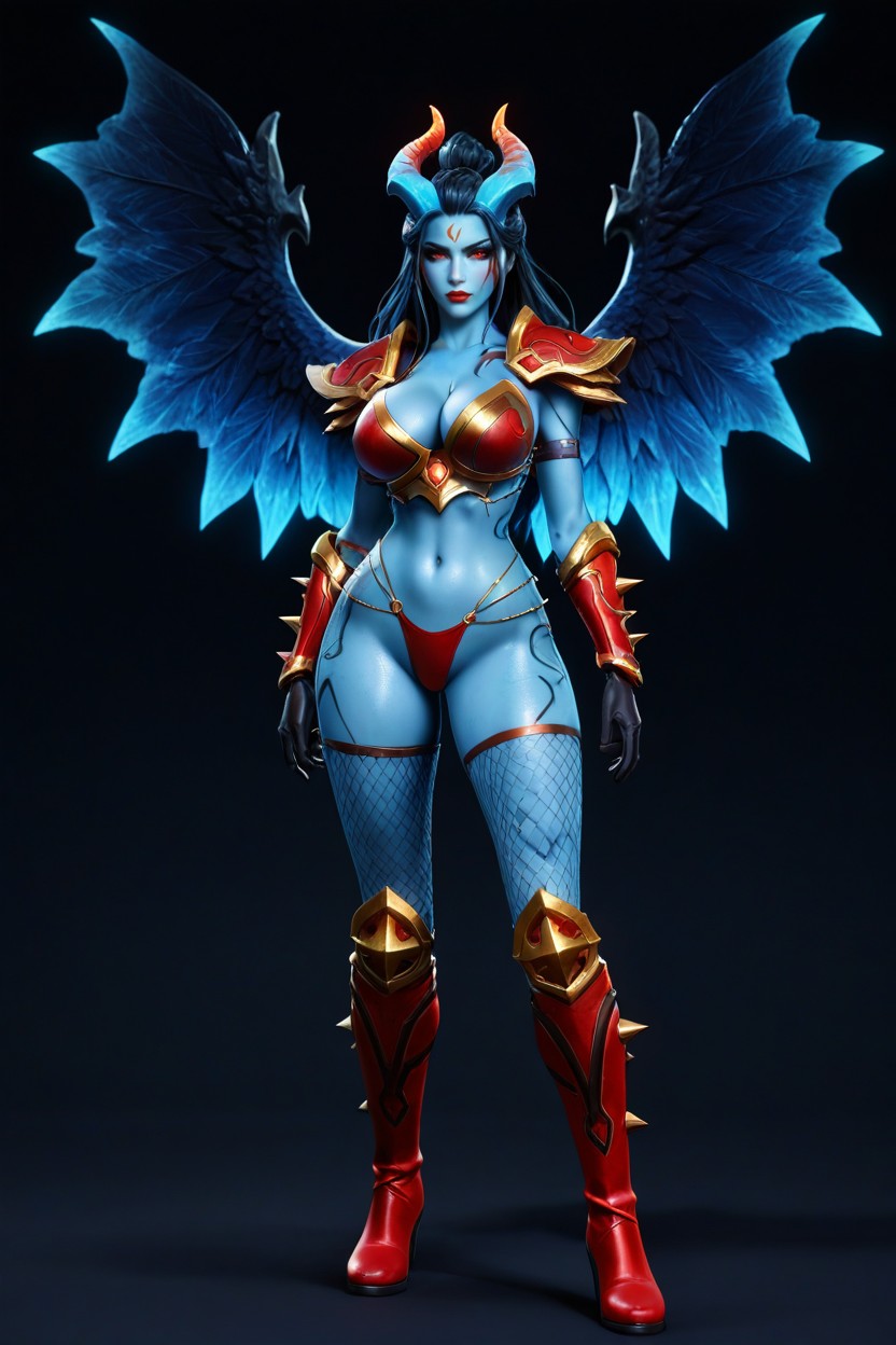 Gold Metallic Shoulder Pauldrons With Spikes, Pearlescent White Curved Horns Swept Backwards, Red Eyes Hentai AI Porn