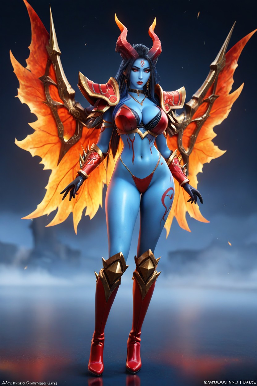 Provocative, And A Skimpy Crimson Red And Gold Orange Thong, Bright Pale Azure Blue Skin Hentai AI Porn