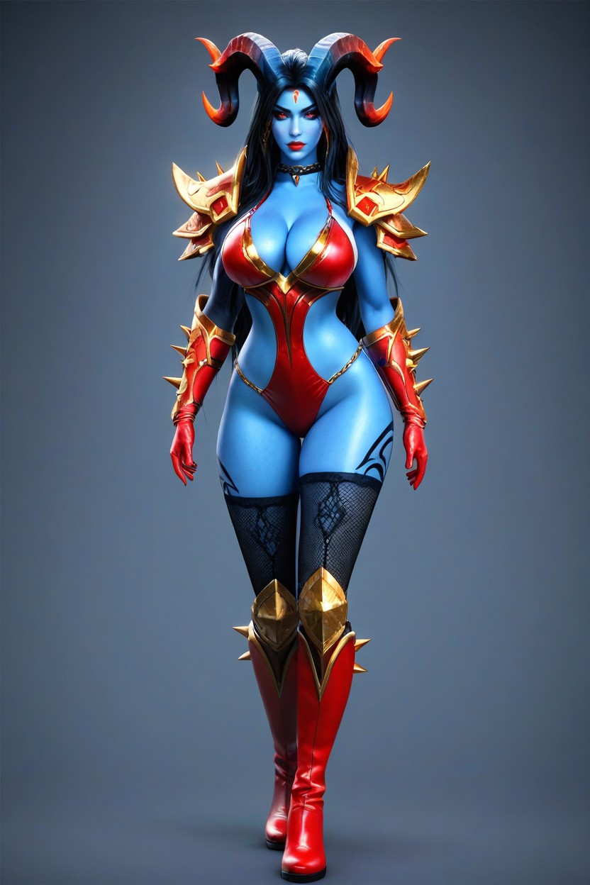 High Detailed Red And Gold Knee High Boots With Flame Like Motifs, Crisp Black Eyeliner, Neutral Background Hentai AI Porn
