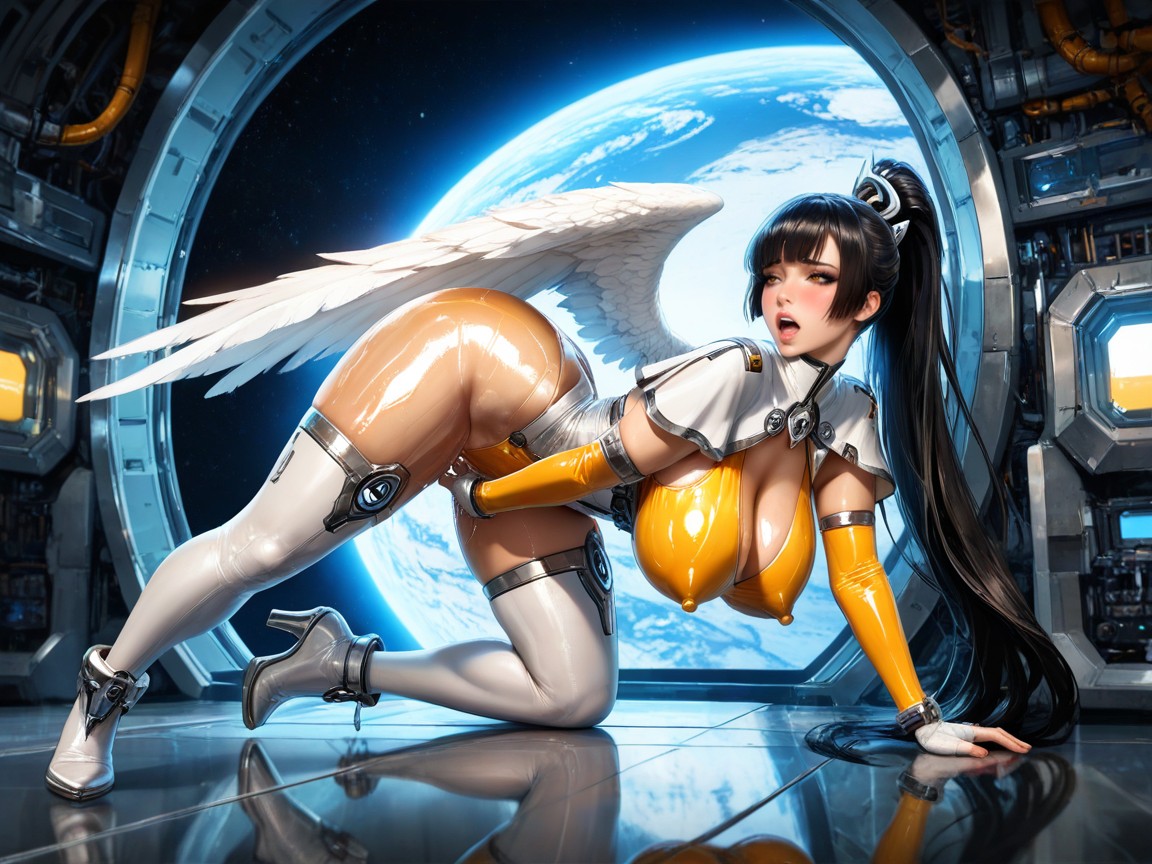 Best Detailed Hair, Erect Nipples, Futuristic Seethrough White And Grey Sleeveless Combat Full Bodysuit Hentai AI Porn