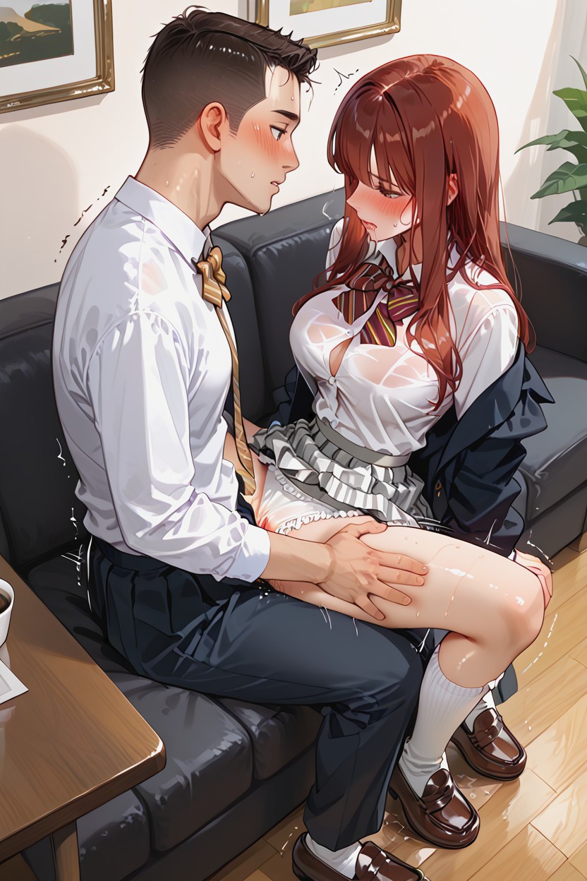 Hands On Her Knees, Looking Away To The Tv Screen, Sports Bag On Floor Hentai AI Porn