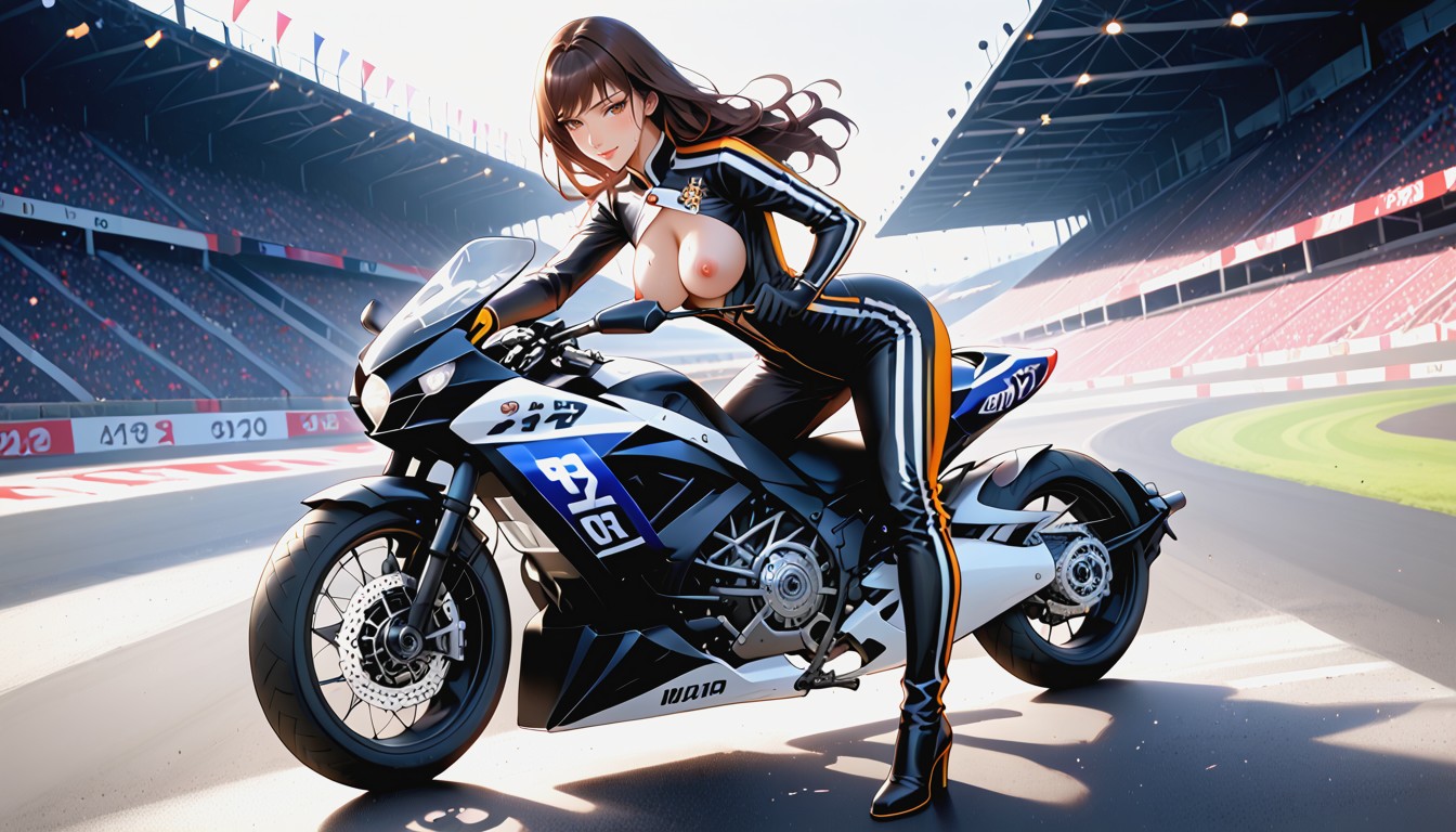 Both Hands On Bike Handle Bar, Breasts Exposed, 18+ Hentai AI Porn