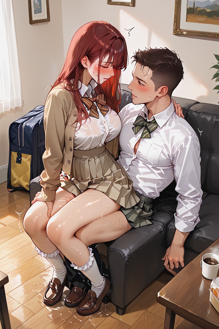 Looking Away To The Tv Screen, Navy Checked Skirt, Pretty Hentai AI Porn