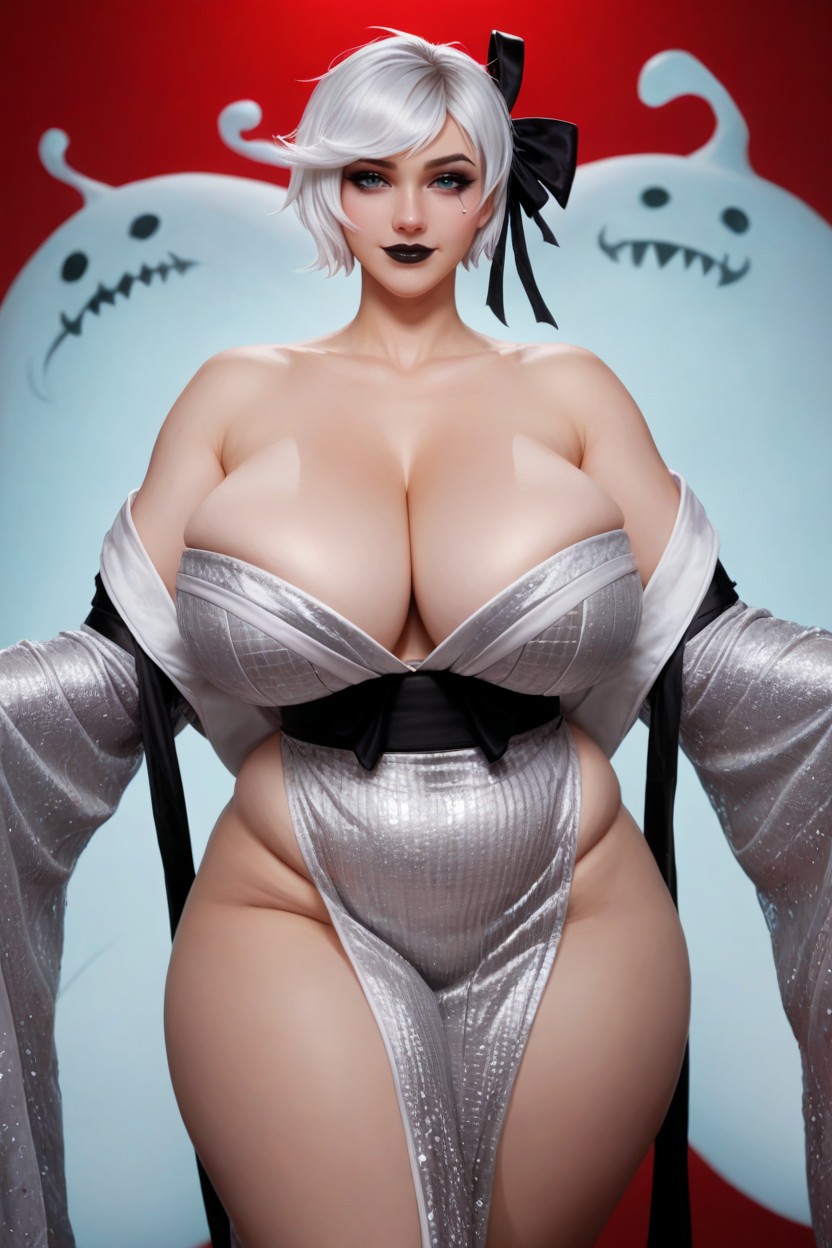 Farthest View Angle Possible, Black Lipstick, Gwen League Of Legends White Twin Curled Up Wigs AI Porn
