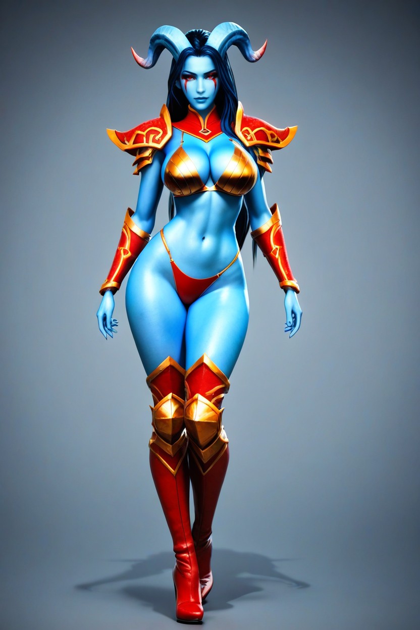 Very Long Black Hair, Bright Pale Azure Blue Skin, Skimpy White Horns Hentai AI Porn