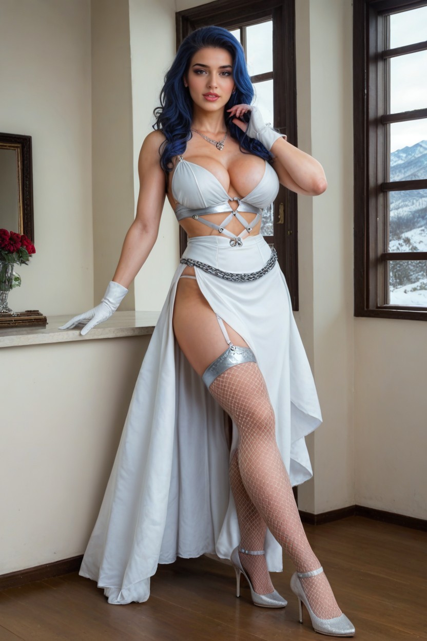 Top Down, Silver Stilleto Heels, White Rose On Hair AI Porn