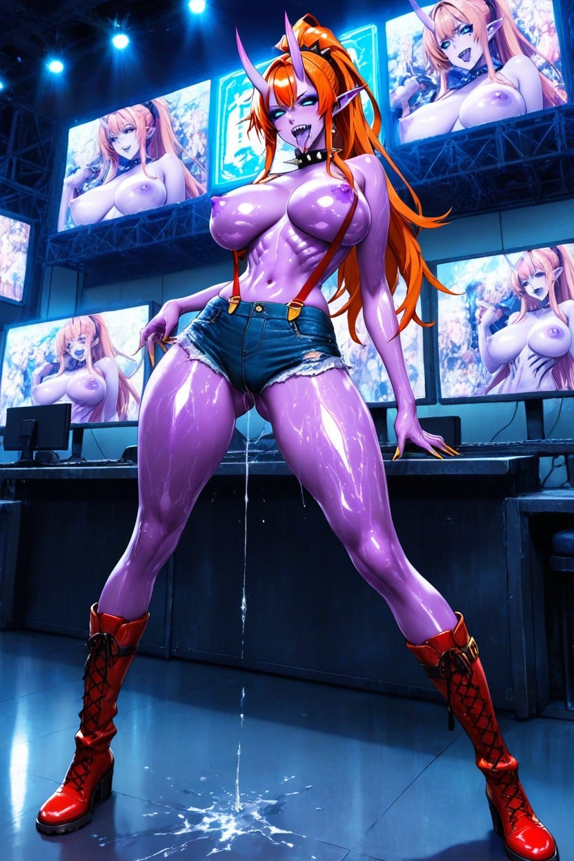 Blue Long Tongue, Topless, Computers On Show Booths Hentai AI Porn