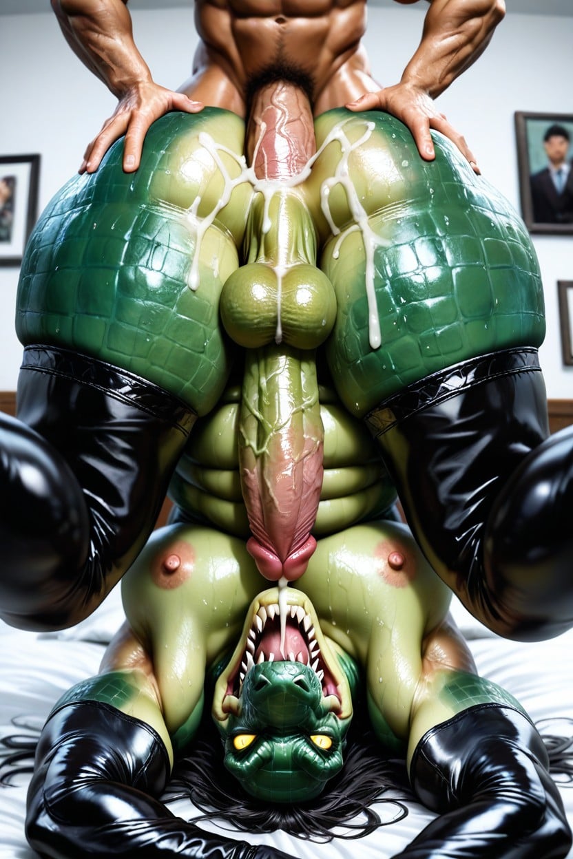 Alligator Upsidedown Pose, On The Bed, 2 People AI Gay Porn