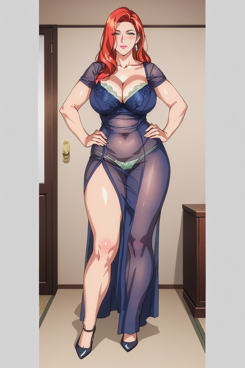 Hand On Hips, Underpants, Transparent Blue Dress AI Porn