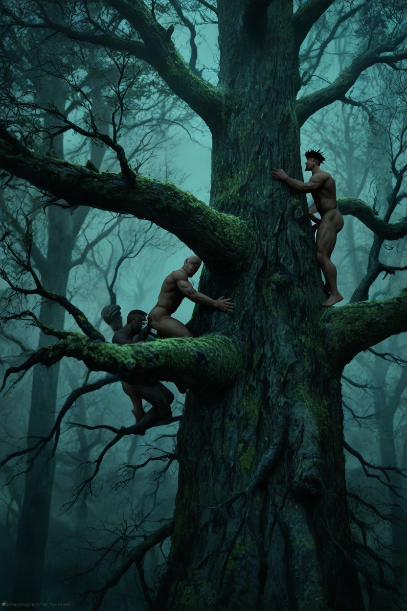 Ominous Atmosphere, Dark Teal And Muted Green Color Palette, Detailed Tree Branches AI Gay Porn
