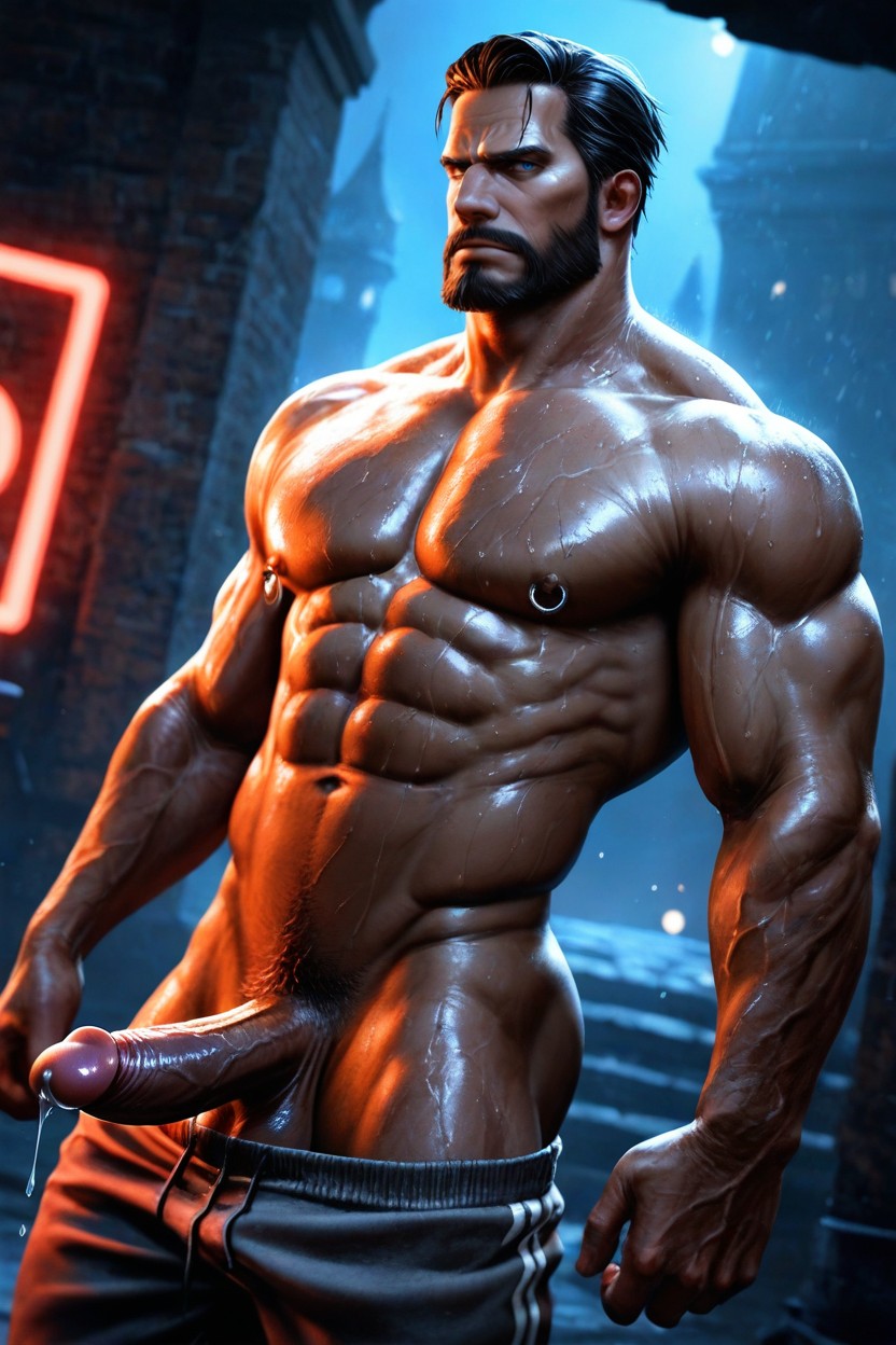 Nipple Rings, Strong Erect Penis, Dramatic Contrast AI Gay Porn