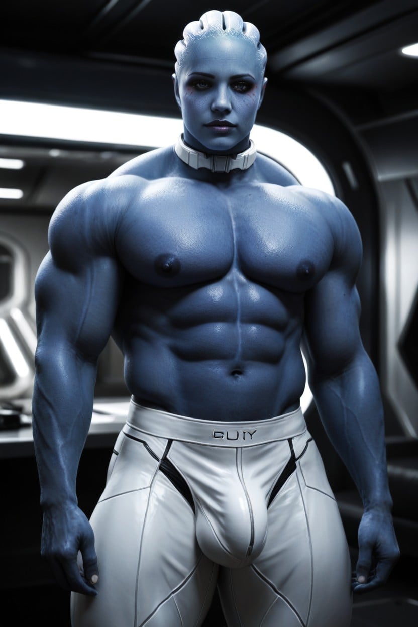 Gigantic Thick Muscles Cover Hole Body, White Collar, Blue Skin Shemale AI Porn