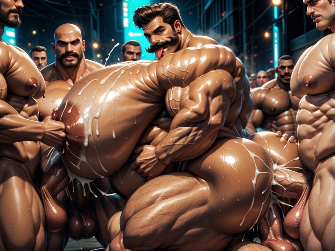 Oiled Skin, Huge Hyper Areola, Double Penetration In Mouth AI Gay Porn