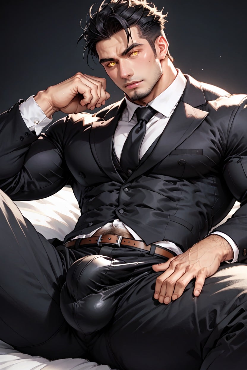 Defined Abs, Wearing A Black Office Suit With A Black Tie, Extrêmement Lourd En Bas Porno IA Gay