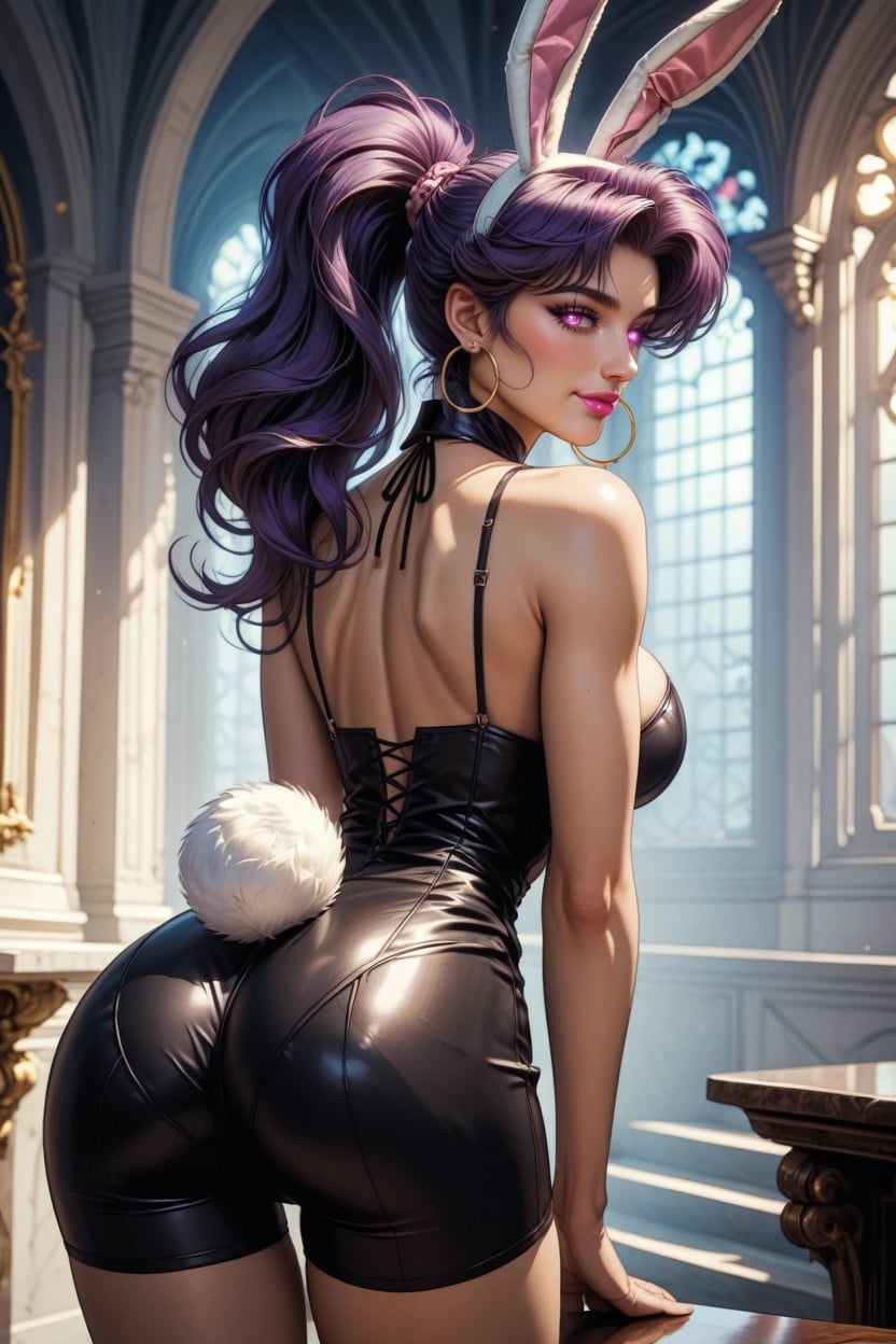 Black Fishnet Stockings, Pink Lipstick, Long Purple Hair AI Porn