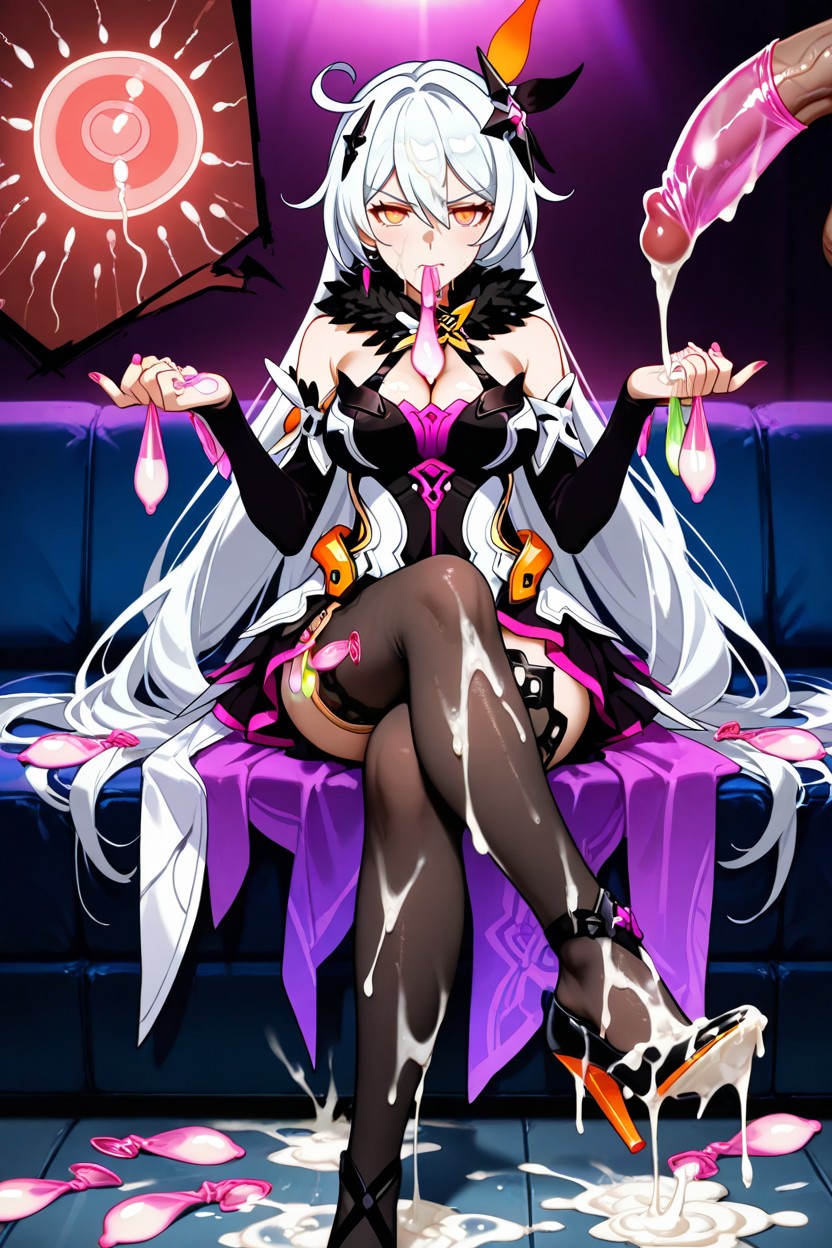 Legs Crossed, Cum On Face, Holding A Used Condom In Hands Hentai AI Porn